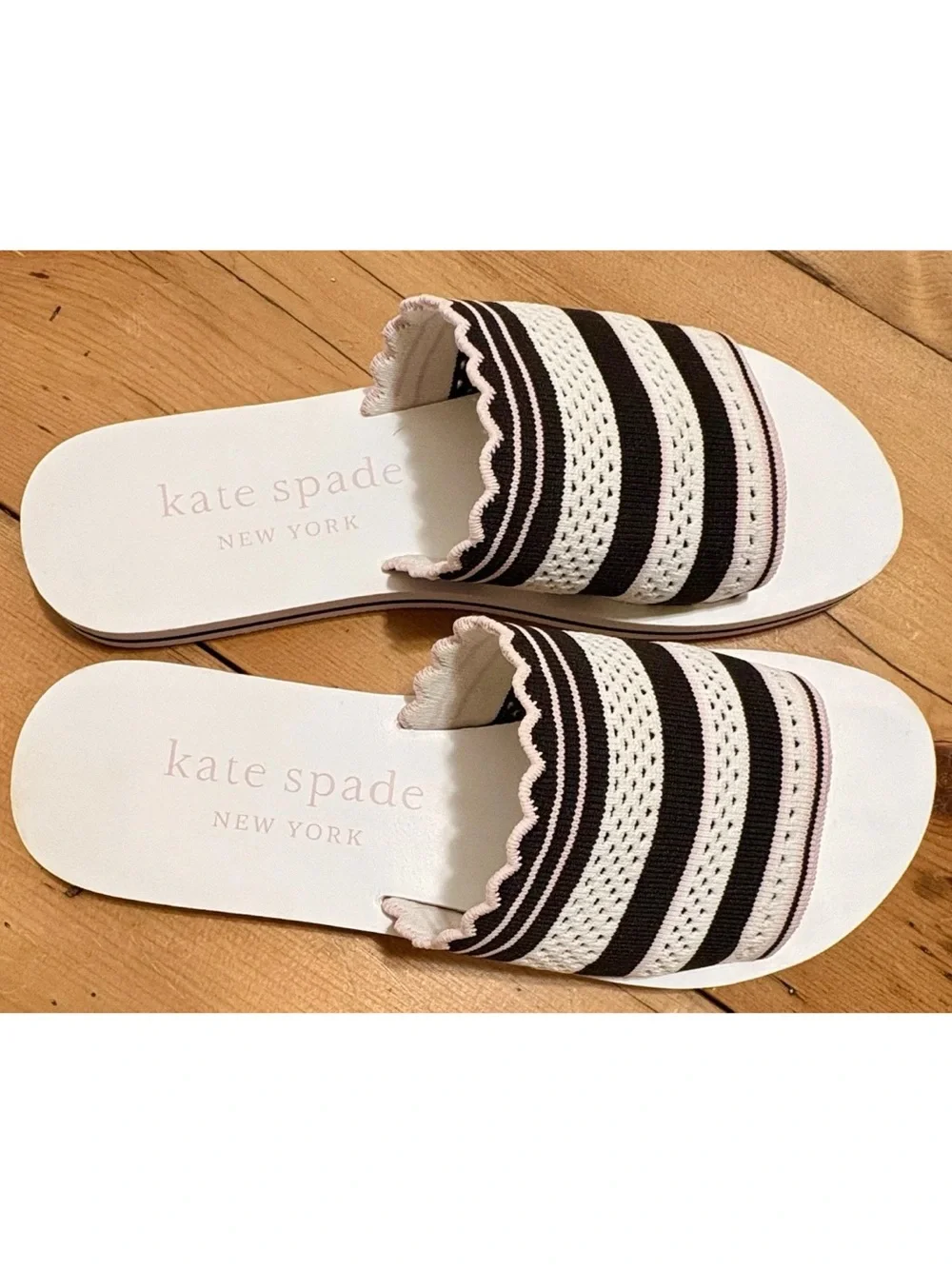 Kate Spade NY Festival Slide Sandal - 8.5 White Black Pink Knit Fabric